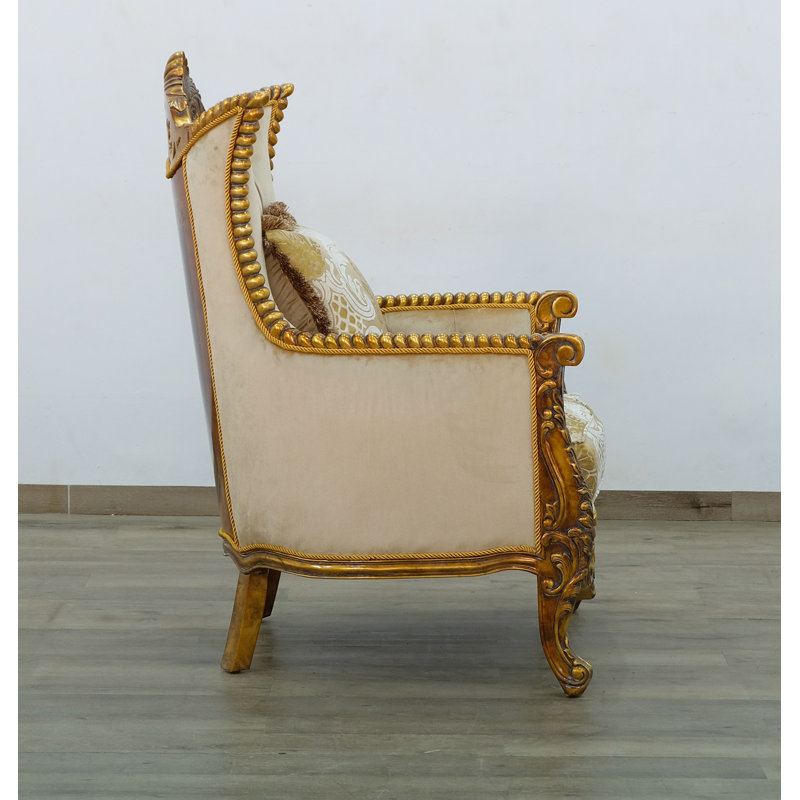 Handcrafted Beige Wood Accent Chair with Tufted Cushions