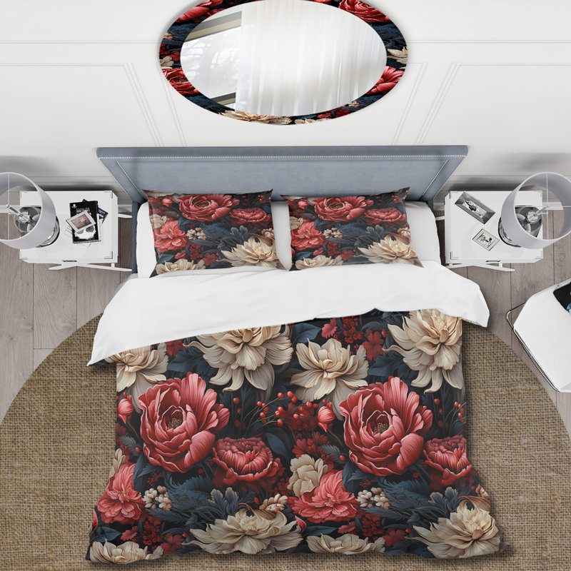 Ensemble de housse de couette à motif floral rouge victorien opulence rouge, Housse de couette pour très grand lit et 2 très