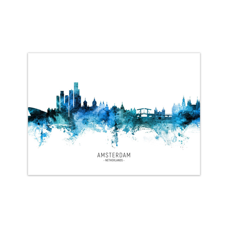 Amsterdam Netherlands Skyline Blue City Name by Michael Tompsett - Print, Unframed, 21cm H x 30cm W x 1cm D