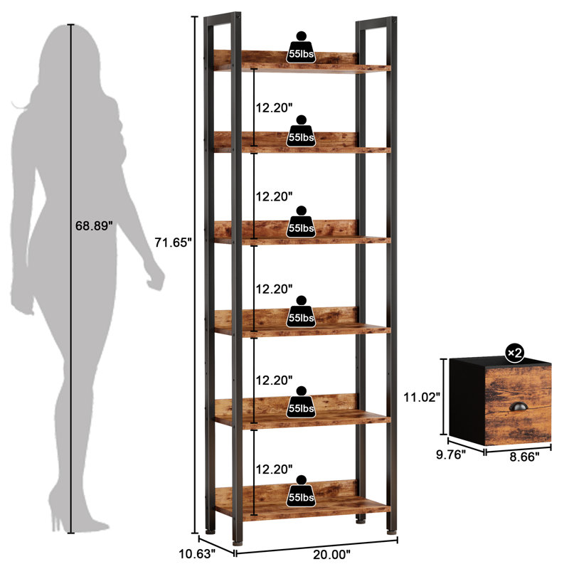 Bookshelf with Drawers,Bookcase with Shelves, Modern Wood and Metal Bookshelves Storage Organizer, Display Free Standing Shelf Unit for Bedroom, Living Room, Office