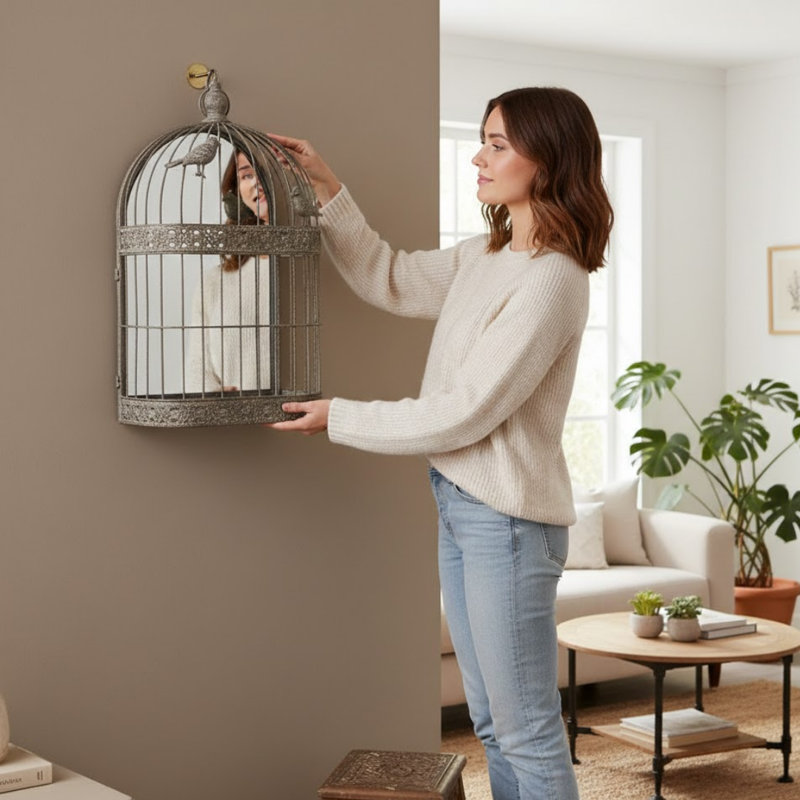 Rusty Garden Wall Mirror Bird Cage, Grey