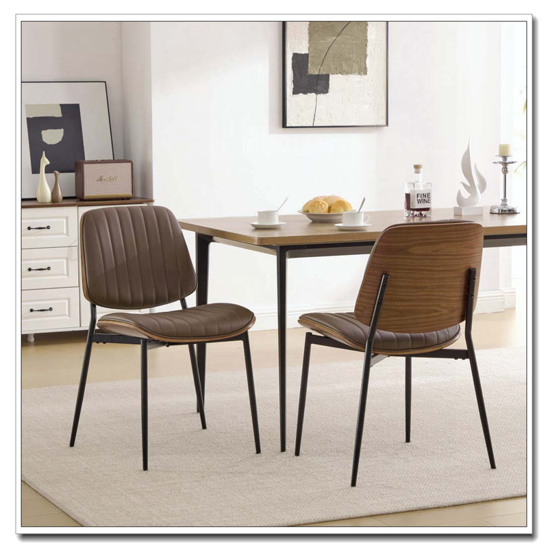 Chaise de salle à manger Chaise en lin avec dossier en bois cintré et pieds rembourrés en métal