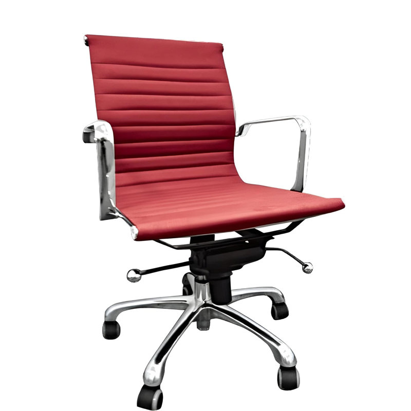 Chaise de bureau pivotante rouge et argentée en similicuir