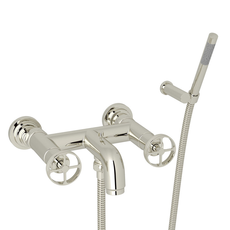 Campo Exposed Wall Mount Tub Filler, Polished Nickel, Industrial Metal Wheel Handle