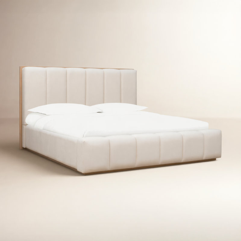 Drewry Atmane Wood Frame Upholstered Platform Bed In Cotton And Chai, Queen