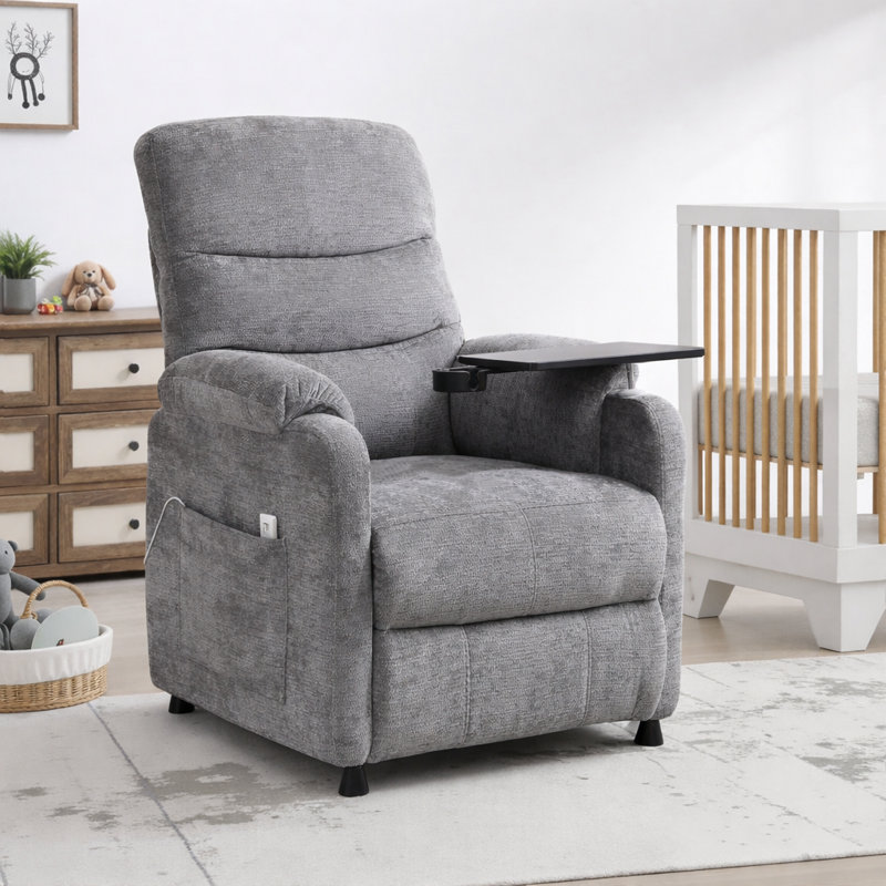 34" Chenille Power Recliner Chair with Side Support Stand, Side Pockets, Stepless Remote Control, Small Space Electric Recliner, 350 lb Capacity