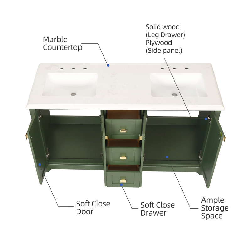 60'' Venetian Green Double Bathroom Vanity with Marble Top