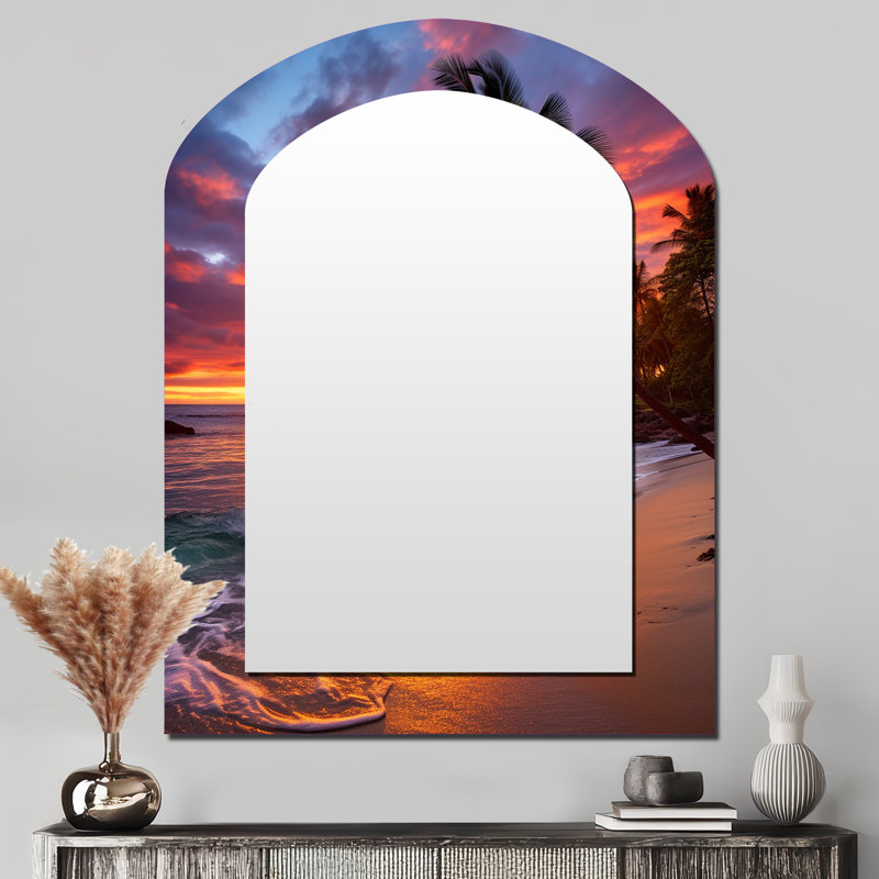 Plage, coucher de soleil, coucher de soleil, sérénade, miroir de plage, miroir mural asymétrique jaune, impression sur métal