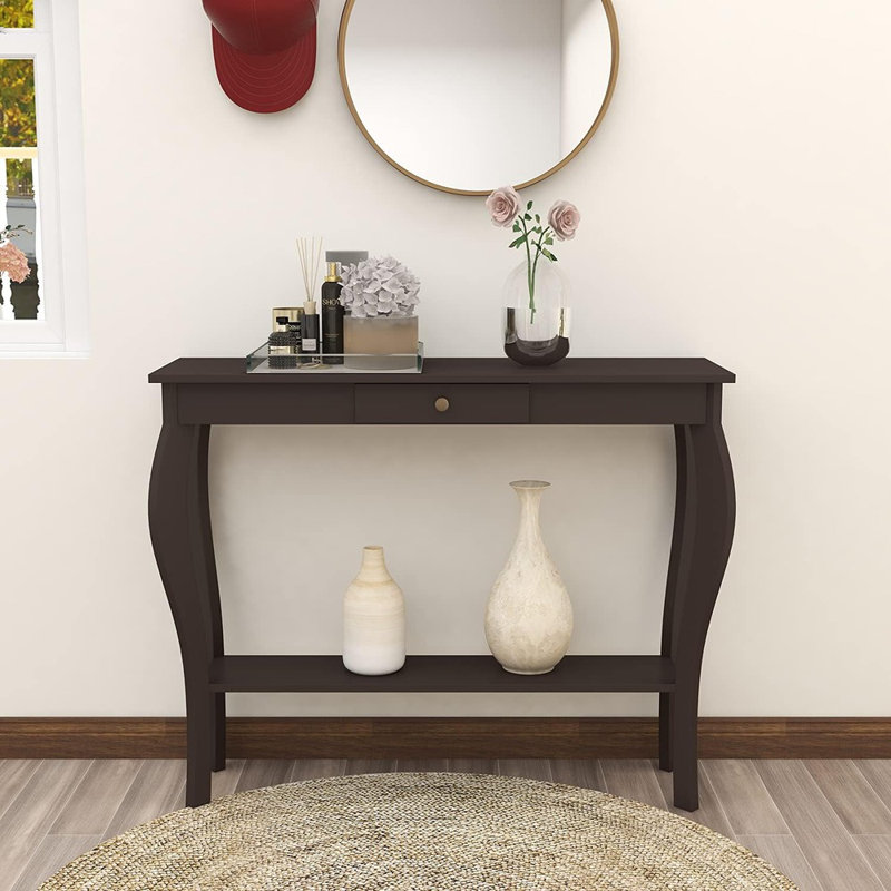 Console étroite avec tiroir, canapé d'appoint chic avec tablettes pour hall d'entrée, salon, couloir, espresso