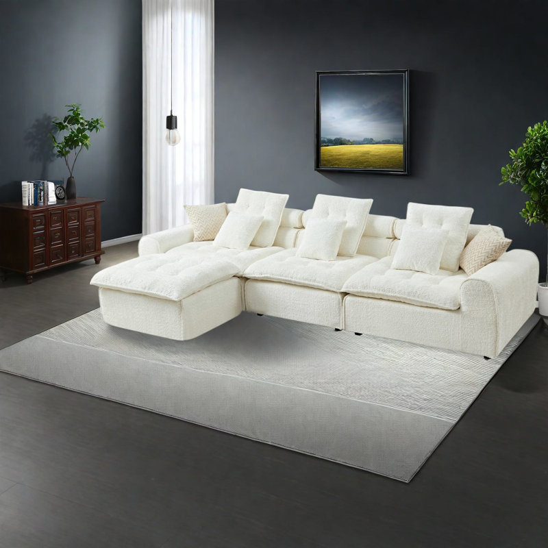 Canapé d'angle modulaire en boucle blanche surdimensionnée, 330 cm (129,8 pouces), confort moderne pour le salon, Blanc