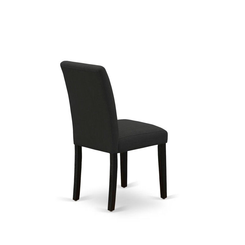 7 Piece Dining Table Set Consists of a Cement Rectangle Kitchen Table with V-Legs and 6 Black Linen Fabric Upholstered Chairs, Wire-Brushed Black Finish