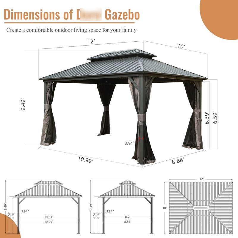 10' X 12' Gazebo With Materials And Ventilation, For Backyard Relaxation 10X12 Ft , Galvanized Steel Canopy, Strong Aluminum, Patio Parties