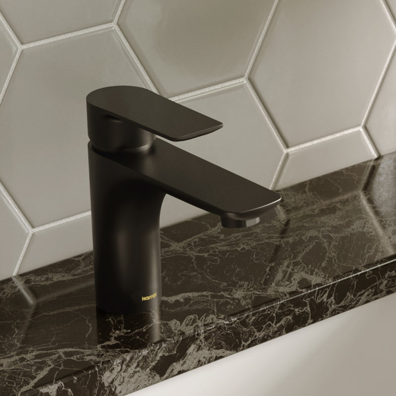 Robinet de salle de bain monocorps à poignée simple avec drain escamotable Karran Kayes, Noir mat