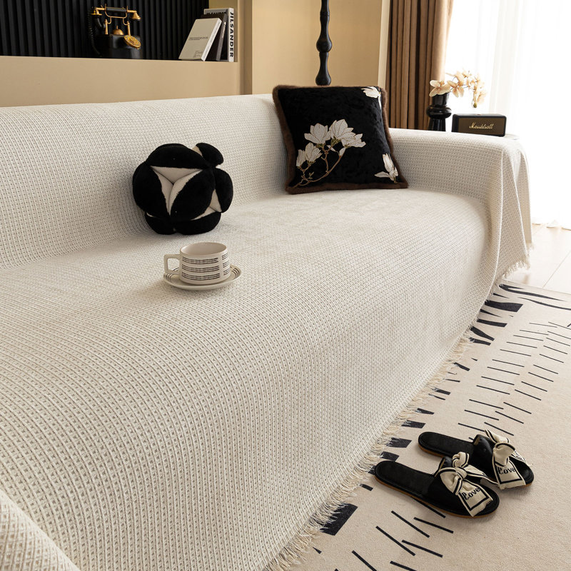 Housse de canapé une pièce en chenille gaufrée et polyvalente, H 71 po x l 150 po x P 0,1 po, Chenille beige