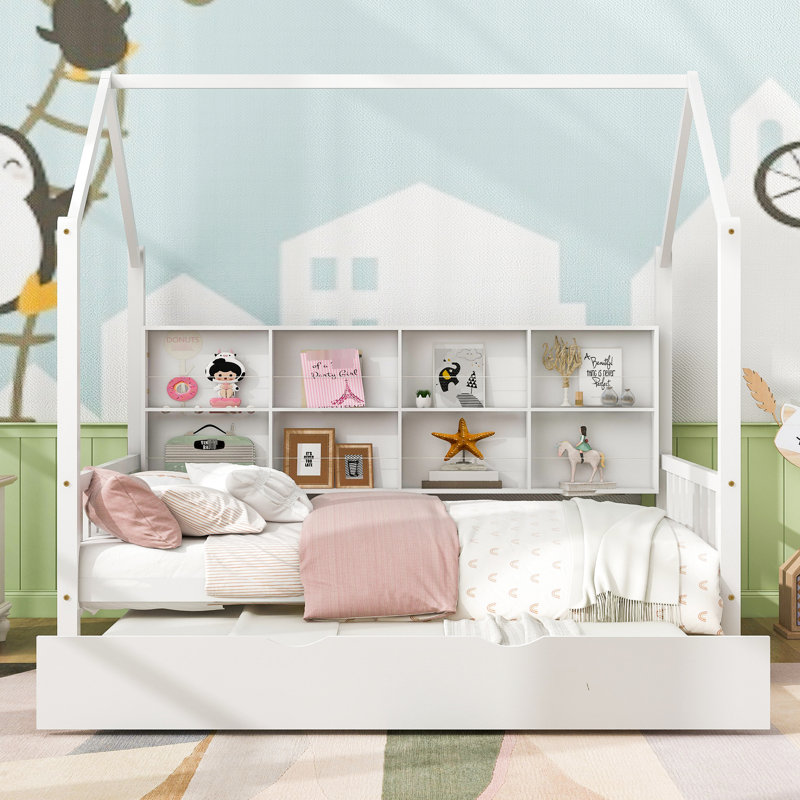 Lit blanc pour lit double avec lit gigogne et tablette, idéal pour un sommeil de yoga, conception semi-fermée dans une atmosphère calme, tablette de stabilité à structure en bois de pin, jeu de fantaisie inspiré d'une maisonnette, corde à objets