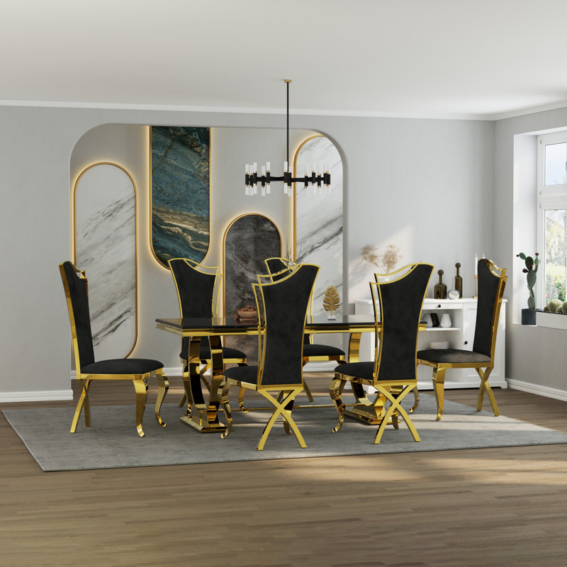 Ensemble de table de salle à manger de luxe avec 6 chaises en cuir, Noir et or, Noir, Doré
