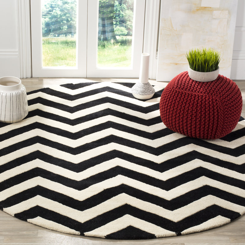 Tapis ivoire / noir en laine touffeté à la main Teresita, Rond 7 pi