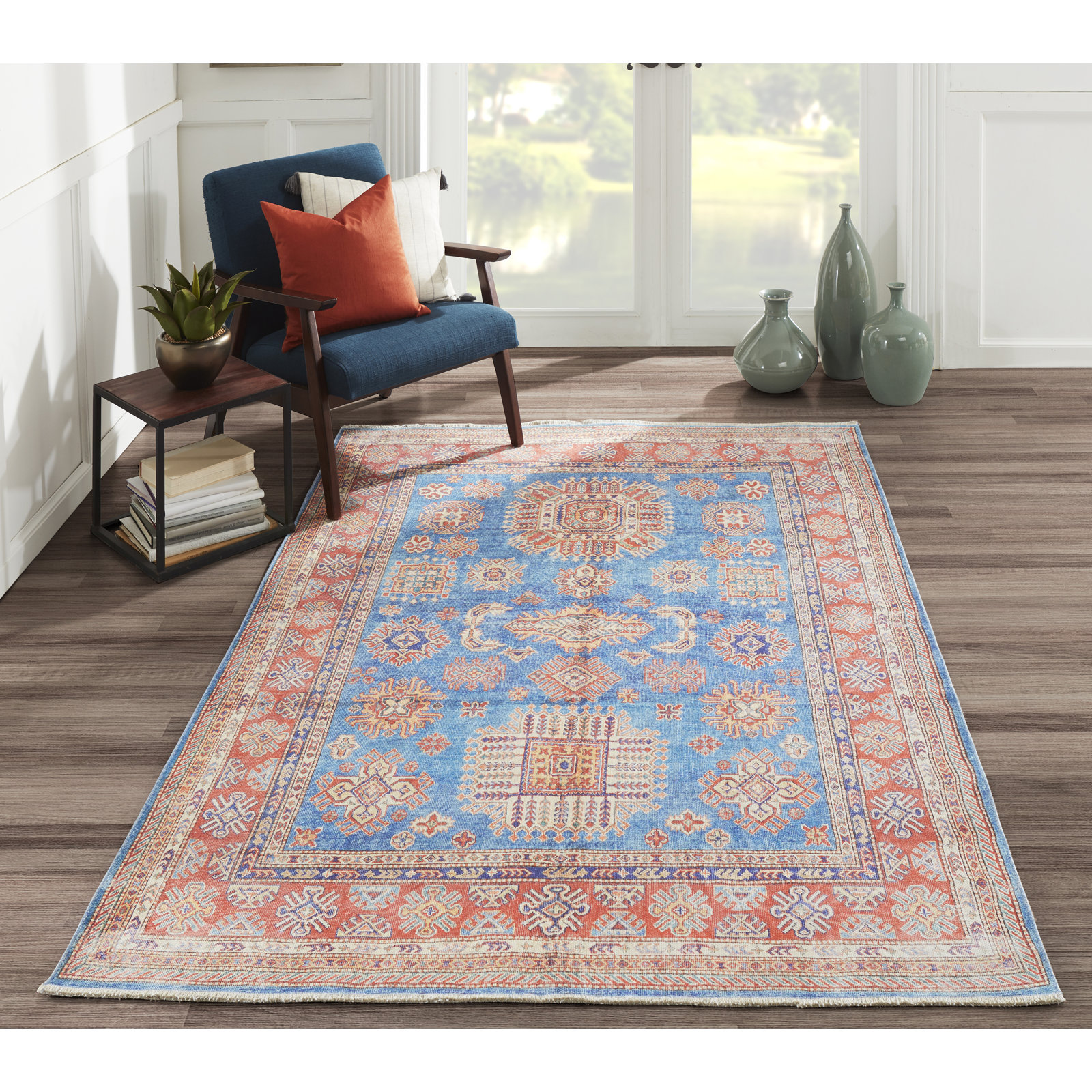 Lyona Blue Coral Moroccan Rug, Rectangle 5'6" x 8'6"