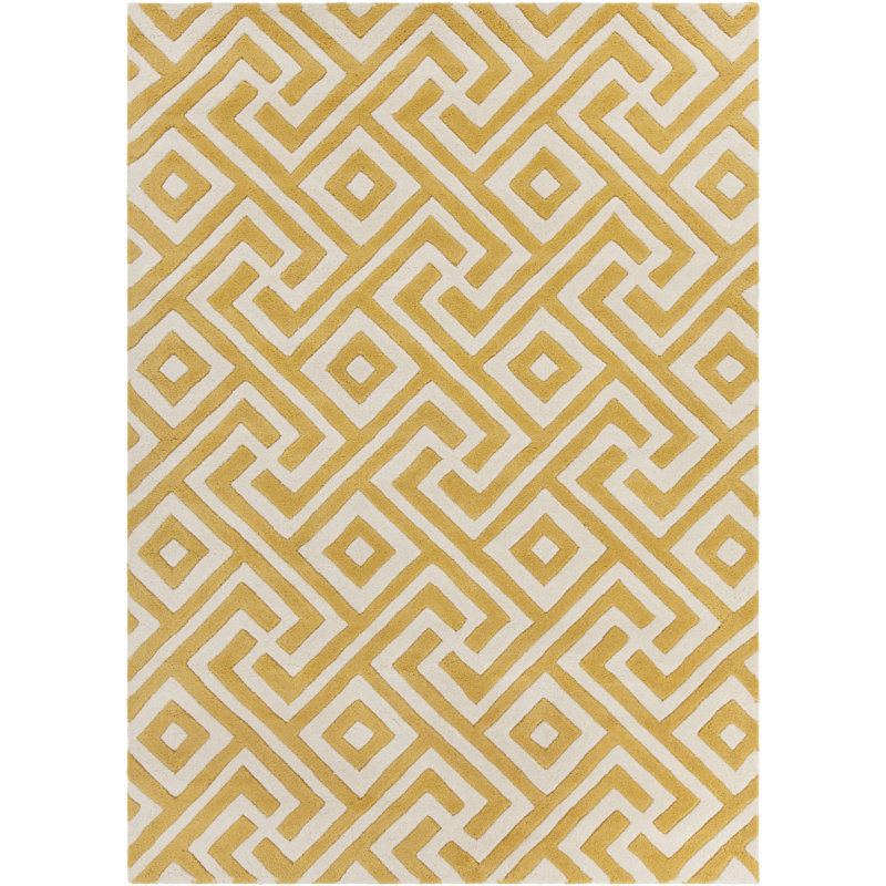 Tapis géométrique moderne en laine jaune et doré touffeté à la main Electra Authentic, 5 pi x 7 pi