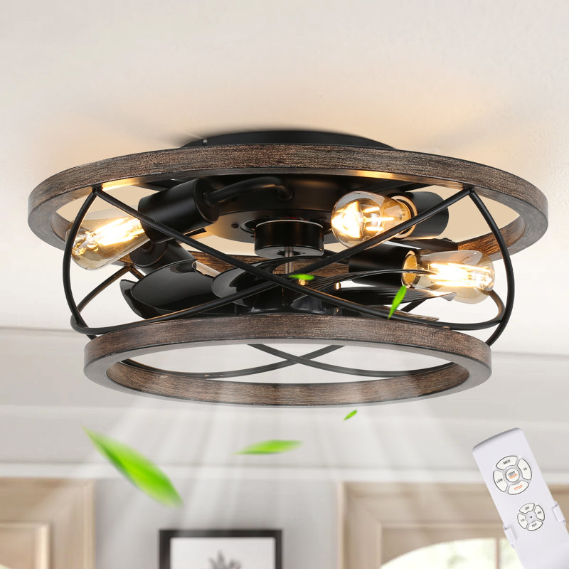 Bowdoin 18" Farmhouse Flush Mount Caged Ceiling Fan, Reversible Bladeless Ceiling Fan for Low Profile