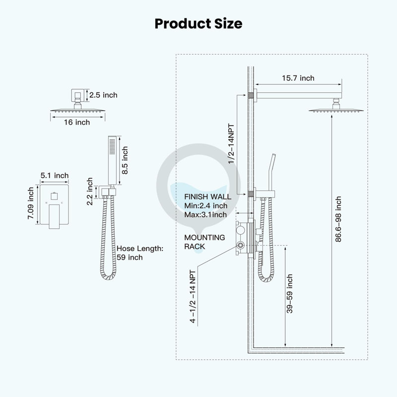 16-Inch Square Rain Shower Head, Handheld Shower, 59-Inch Shower Hose, 15.7-Inch Shower Arm, Handheld Holder, Matte Black