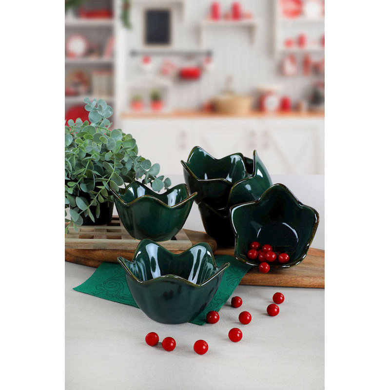 Elegant Appetizer Bowl Set (6 Pieces), Dark Green, 5.9 in | 100% Ceramic, Antibacterial & Thermal Shock Resistant | Dishwasher & Microwave Safe, Easy to Clean, Perfect for Entertaining & Serving Snacks