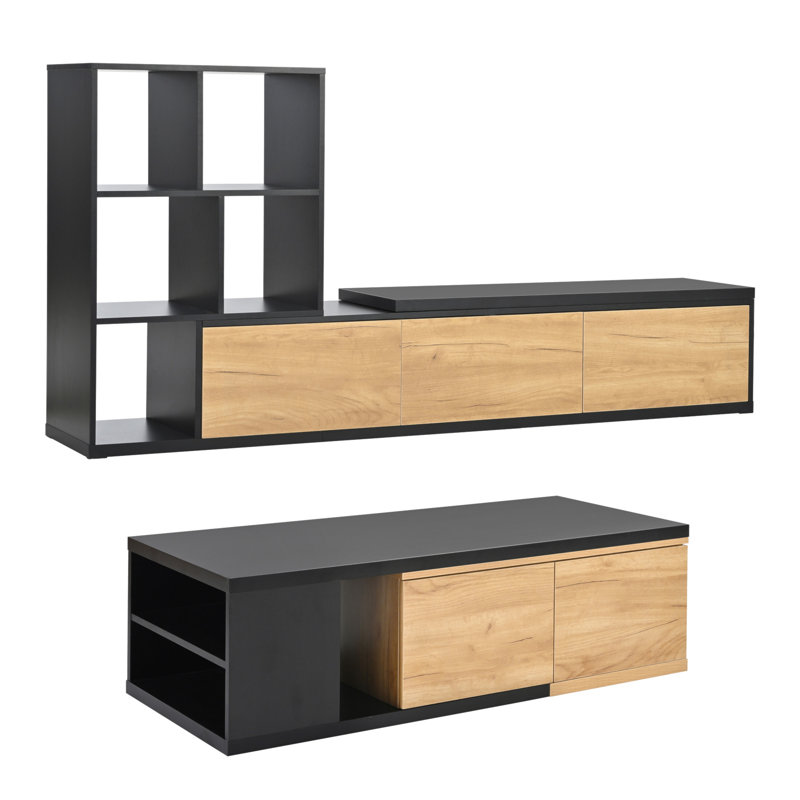 Meuble télé extensible et table basse, ensemble de 2, console multimédia avec étagères à 3 niveaux pour téléviseur de 110 po ou moins, table centrale à deux tons avec plateau coulissant pour le salon