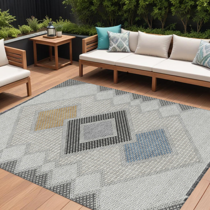 Tapis extérieur lavable à motif géométrique 10 pi x 14 pi doré et gris anthracite