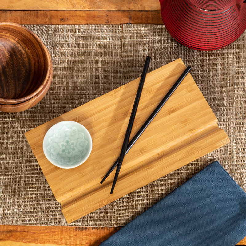 Burnished Bamboo Rectangular Sushi Board Set with Ceramic Dish