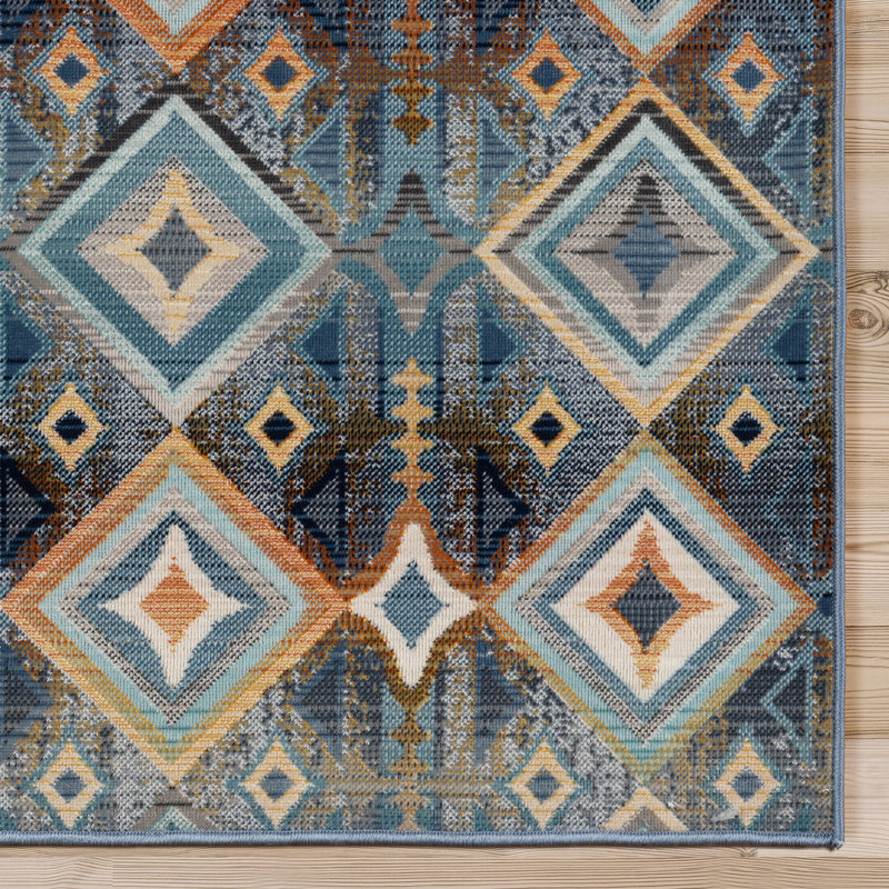  Sierra Kenna Blue Bohemian Geometric Diamond Indoor/ Outdoor Area Rug, Rectangle 8'9" x 13'1"