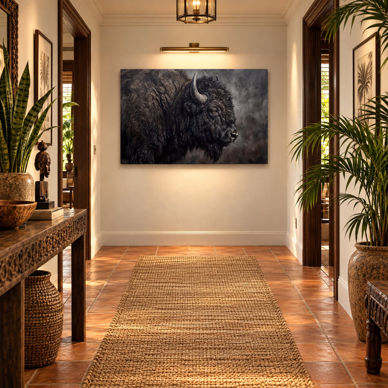 Tableau multicolore sur toile représentant un bison dans un paysage, œuvre d'art murale picturale pour le salon, la salle à manger et la chambre.