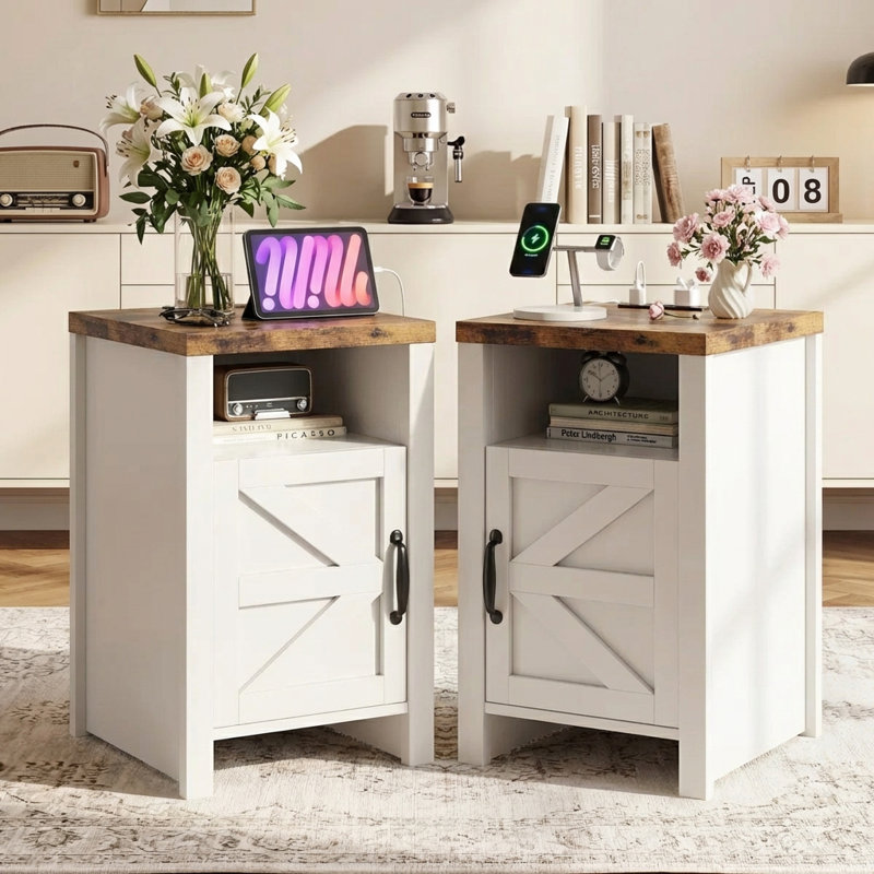 Auriemma End Table with Charging Station, White, Design B, Brown