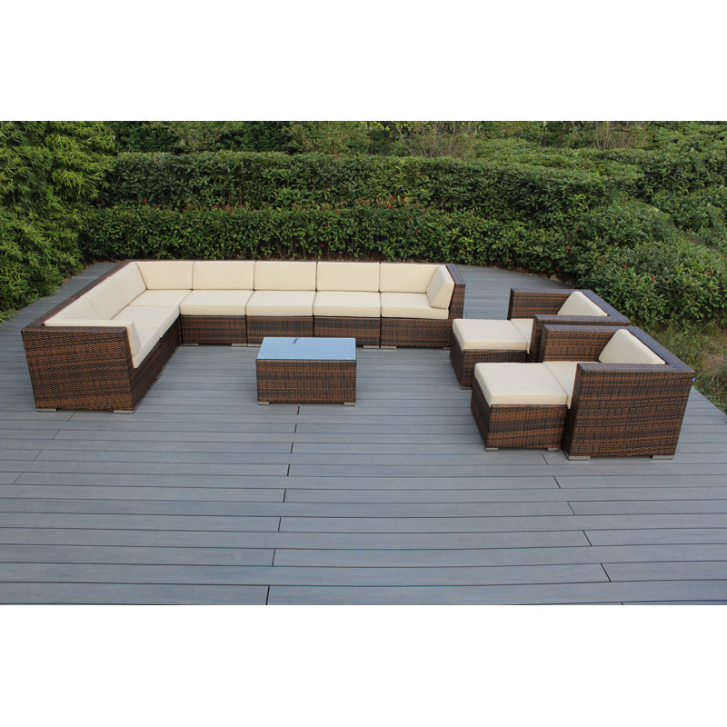 Ensemble de conversation en osier 8 personnes avec coussins Konen Wicker, Mélange de bruns, Polyester beige