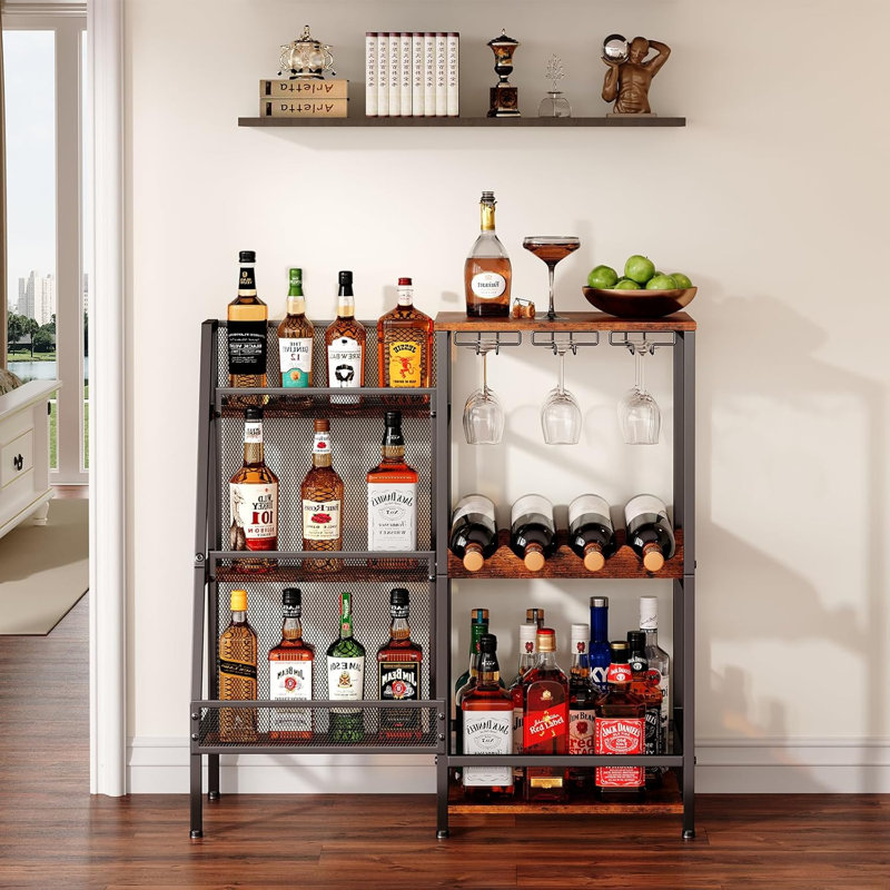 Porte-bouteilles et porte-bouteilles de vin - étagère de présentation trapézoïdale à 3 niveaux avec support en verre, table de bar autoportante pour le whisky, le vin et les bouteilles