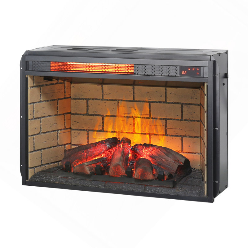 26" Infrared Quartz Heater Fireplace Insert -Woodlog Version With Brick, 18.1" H x 27.2" W x 8.2" D
