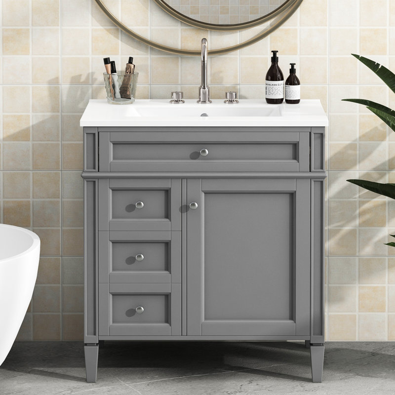 Tablette de meuble-lavabo gris 30 po, armoire moderne avec lavabo, 2 tiroirs et un tiroir, Gris