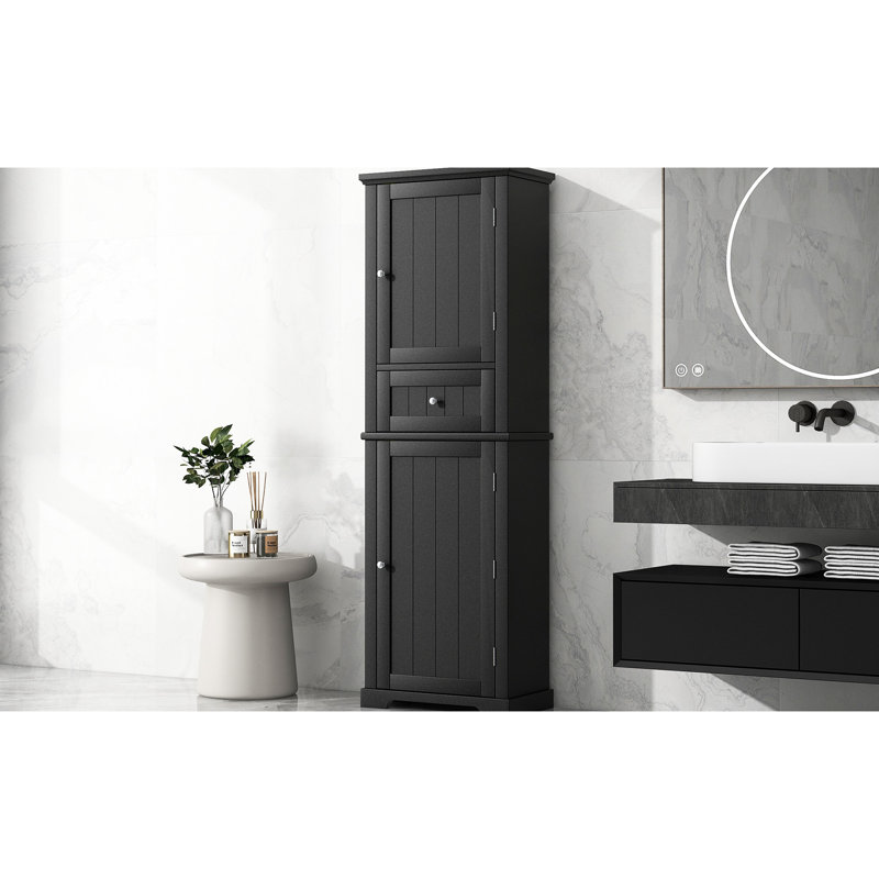 Black Cabinet For Bathroom With Adjustable Shelf And Middle Exposed Inner Drawer Storage In Top