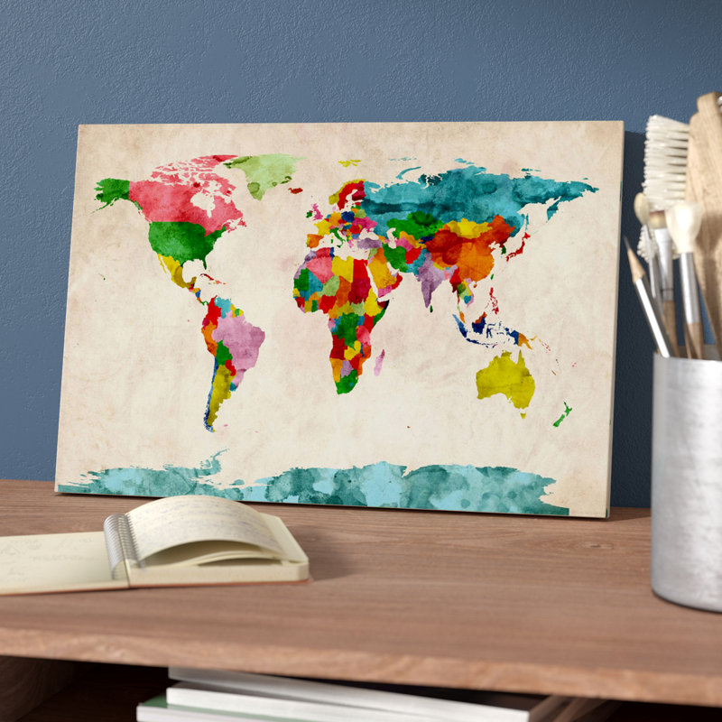 « world map aquarelles iii », impression, Toile, H 26 po x l 40 po x P 1,5 po