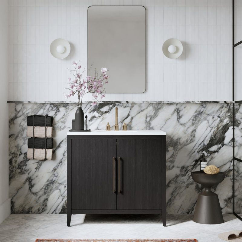 Alsup 30" W x 22" D x 34" H Single Bathroom Vanity, Wire Brushed Dark Oak, Carrara Marble