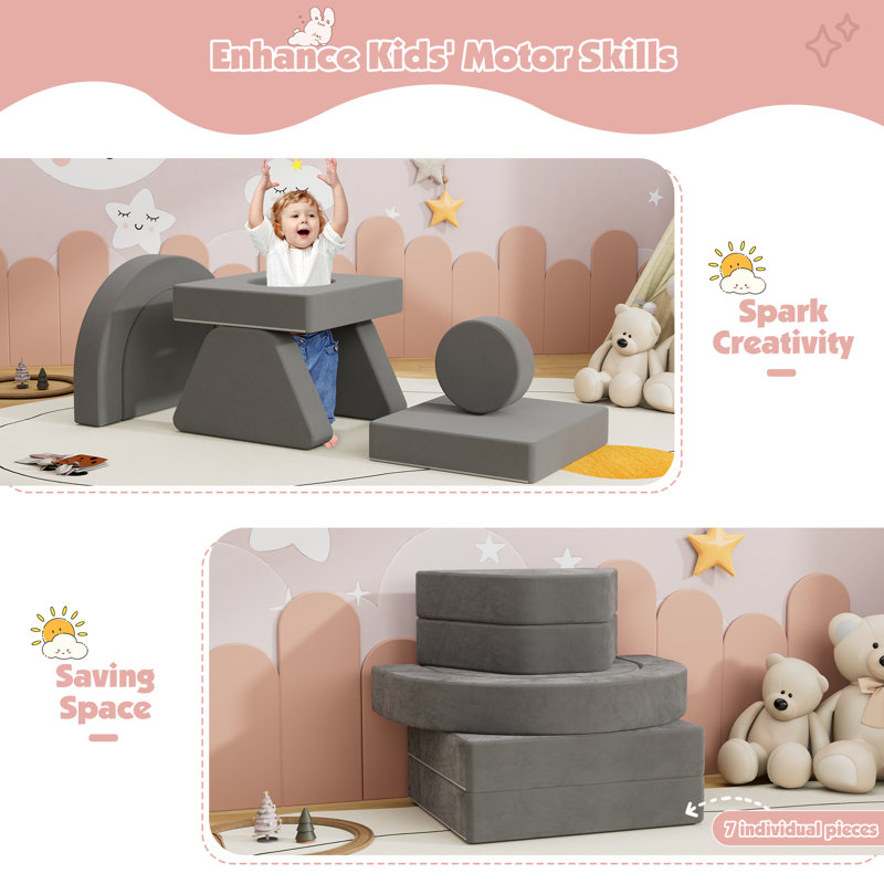 Modular Play Couch, Toddler Sofa, DIY Convertible Sofa with Soft Sponge Cushions, Dark Grey