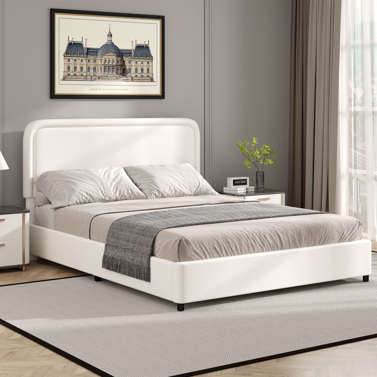 Bed Frame, Upholstered Platform Bed with Curved Headboard, Classic Color-Block Design, Soft Rounded Corners, No Box Spring Required, Easy Assembly