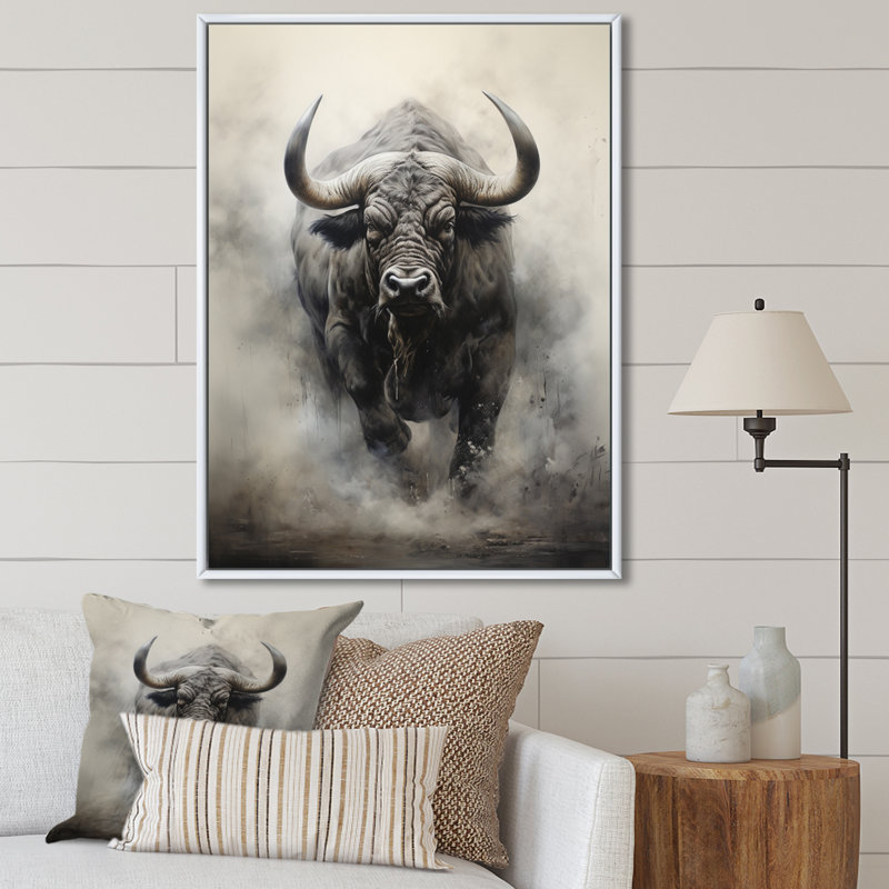 Buffalos africain force - décoration murale africaine, H 44 po x l 34 po x P 1,5 po, Cadre flottant blanc