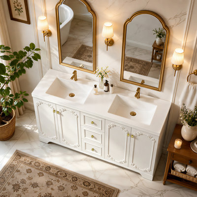 Armoire de salle de bain blanche sculptée de style français de 60 po, armoire de rangement abondante, 4 portes à fermeture douce et 3 tiroirs