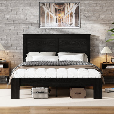 Plateforme de lit double pleine grandeur en bois, insonorisée - pour un sommeil paisible, sans sommier, assemblage rapide et simple, grand espace de rangement, abat-jour noir antique, chambre d'inspiration industrielle