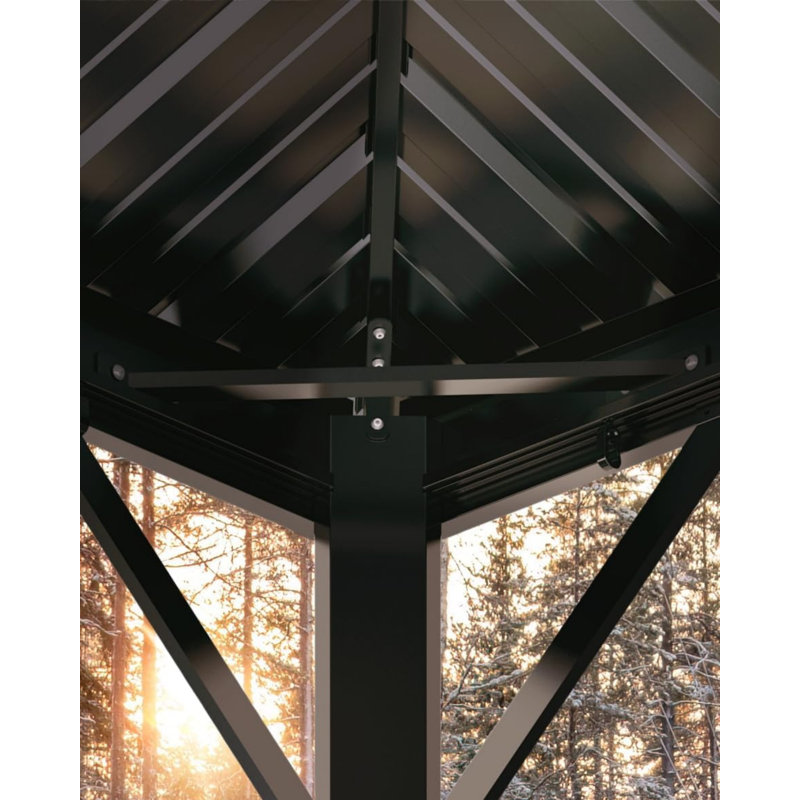 Pavillon de jardin permanent 12 po x 14 pi avec toit double en acier, rideaux d'intimité et filet pour pelouse de jardin