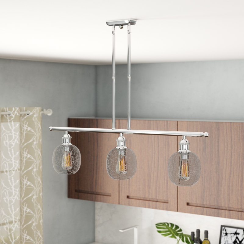 Luminaire suspendu linéaire pour îlot de cuisine 3 lumières Carlucci, Chrome poli, Transparence craquelée