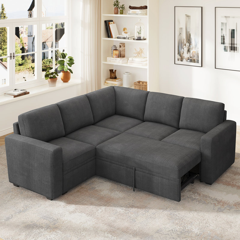 Hoelscher L-shaped Sleeper Sectional Upholstered Sofa Bed With Storage Space Corduroy Dark Gray, Dark Gray Corduroy