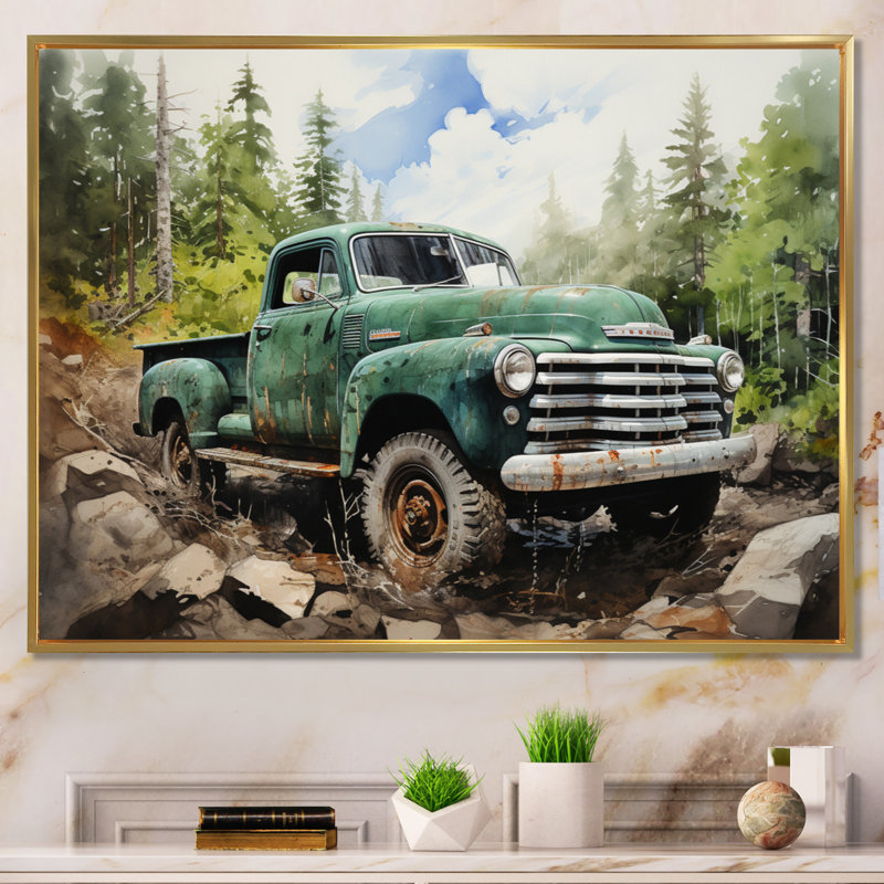 Pickup Truck Offroad Adventures I - Transportation Canvas Wall Art, Cadre flottant doré, H 16 po x l 32 po x P 1 po