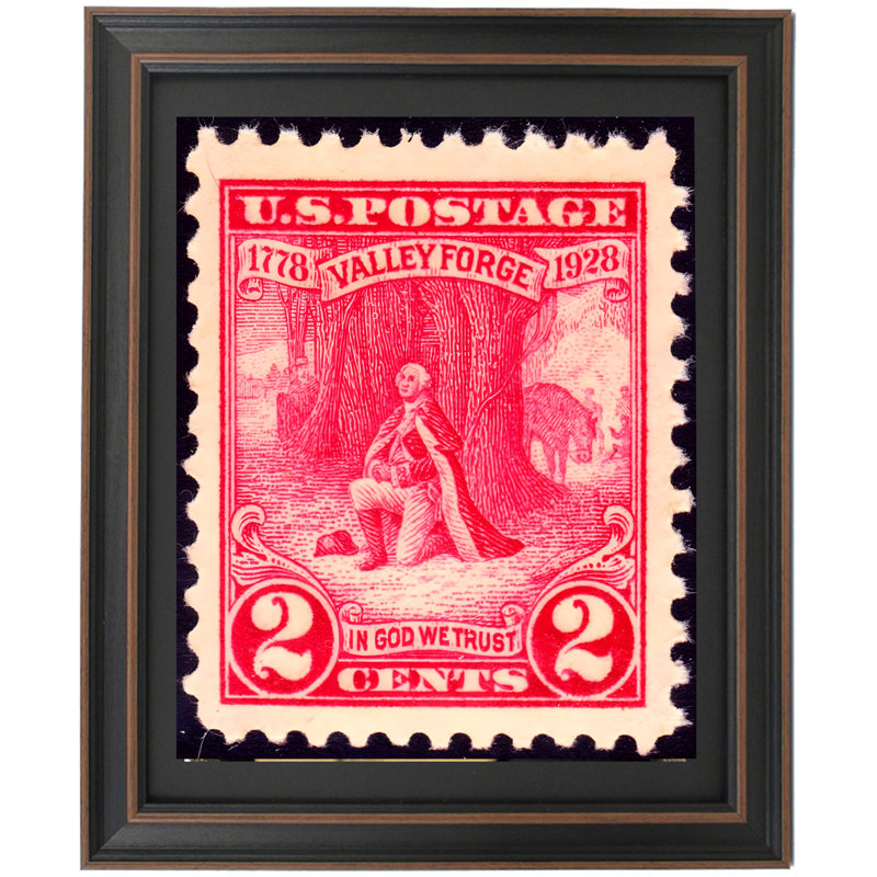 Washington à la prière (Valley Forge), timbre américain 2c, vers 1928 | Reproduction encadrée, H 24 po x l 20,5 po