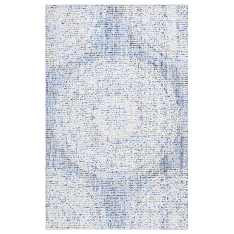 Ebony Hand Tufted Wool Cotton with Latex Floral Rug in Ivory/Blue, Rectangle 5' x 8'
